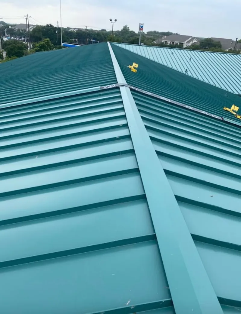 Green commercial metal roof ridge and valley for Metal Roof Repair in Desert Hot Springs
